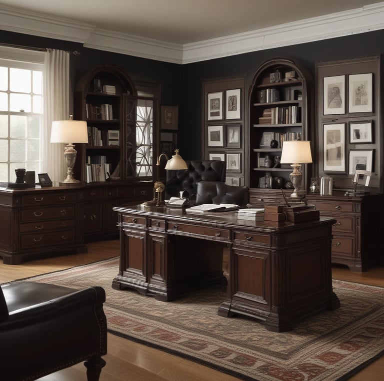 Elegant office interior with dark navy and gold accents reflecting professionalism and trust.