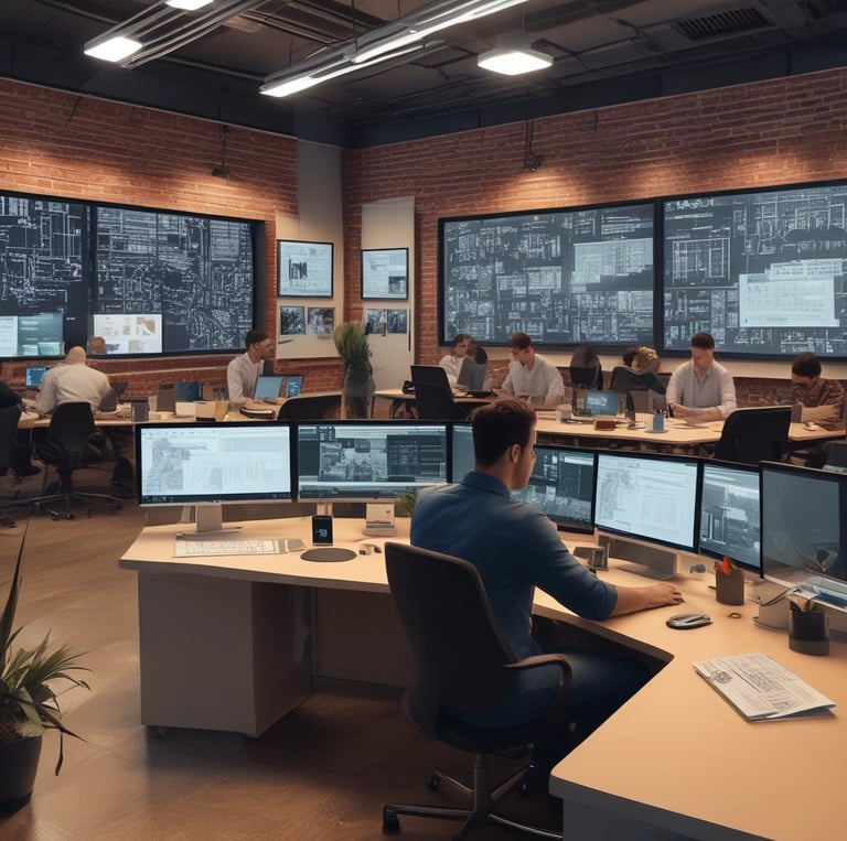 A warm, inviting workspace with Carl Jones collaborating with his diverse team, surrounded by screens showing AI data and real estate plans.