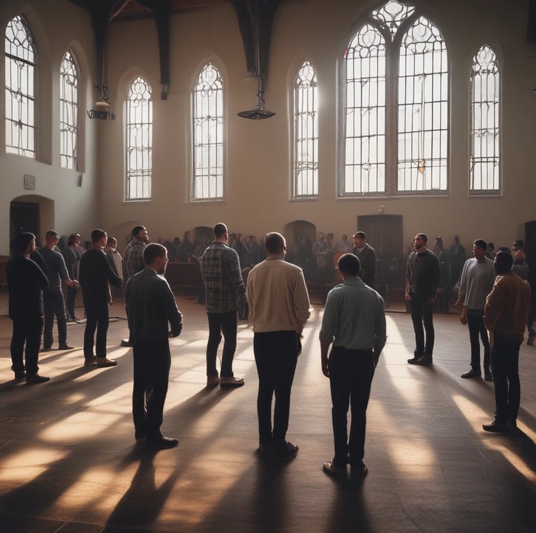 A warm, inviting group of diverse people sharing a moment of fellowship in a bright, cozy room.