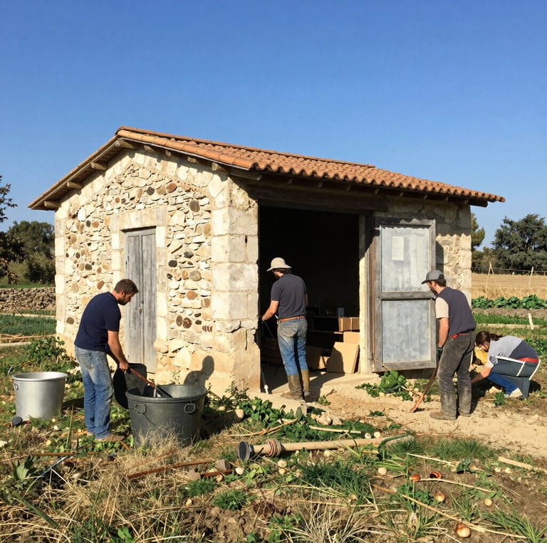 A skilled craftsman carefully restoring a charming Provencal home under warm sunlight.