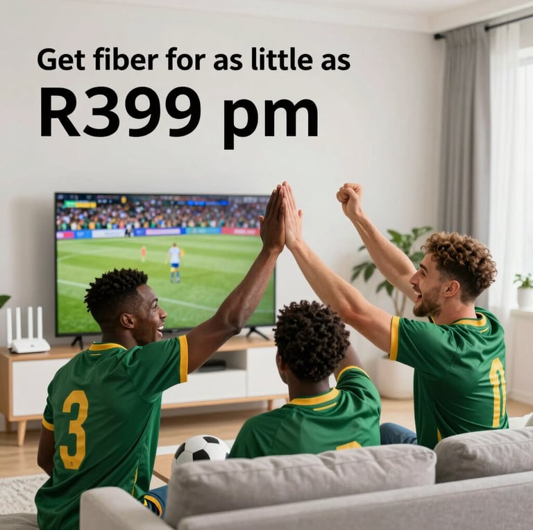 A close-up photograph of a sleek, professional LTE modem with glowing teal indicator lights, placed next to a modern smartphone on a glass desk in South Africa.