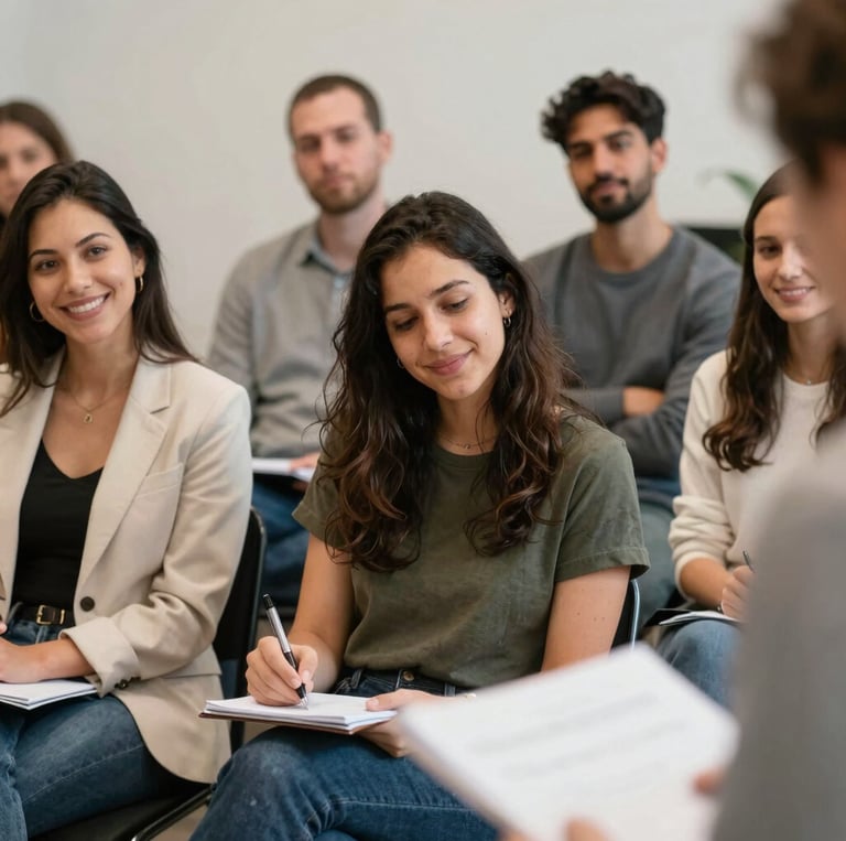 A speaker engaging an attentive audience with a warm smile and open gestures during a lively workshop.