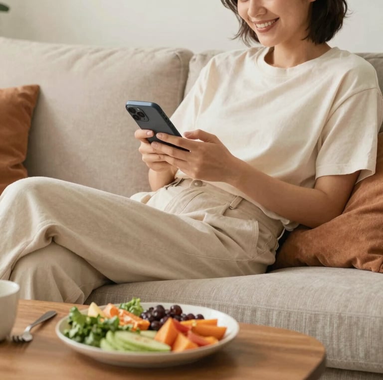 Persona relajada en el sofá usando la app DESPEJHA en su móvil con una comida saludable en la mesa