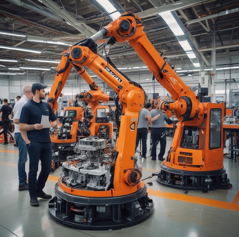 An industrial electrician working on a conveyor system in a factory setting.
