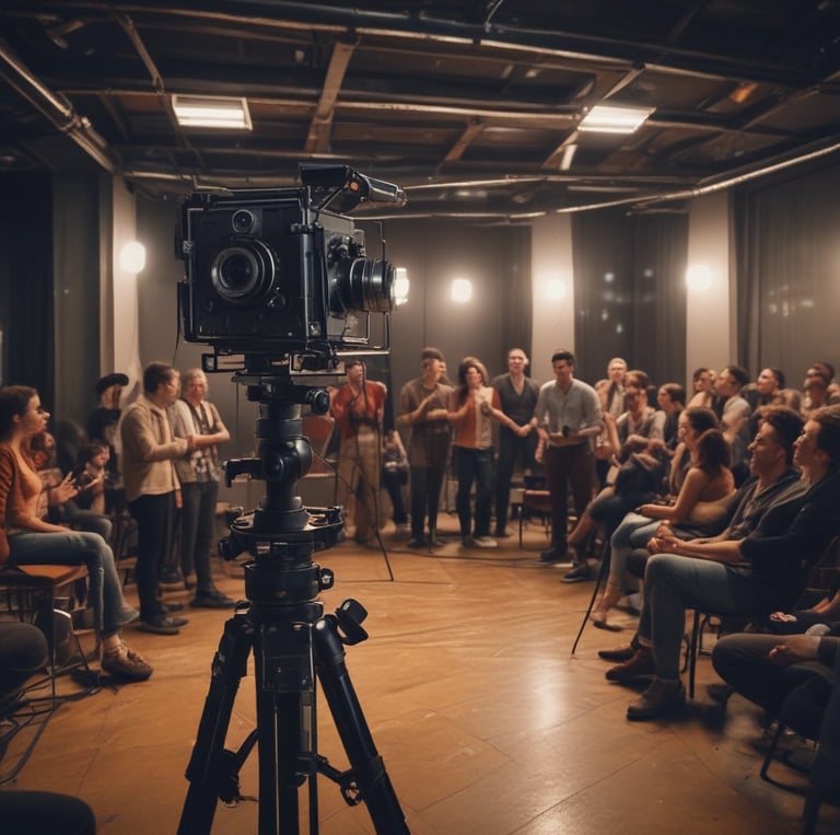 A creative film crew setting up cameras and lighting on a vibrant outdoor urban set.