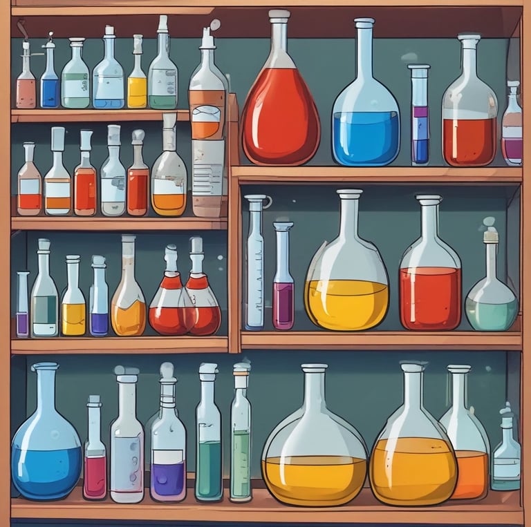 Close-up of colorful chemical bottles neatly arranged on a lab shelf