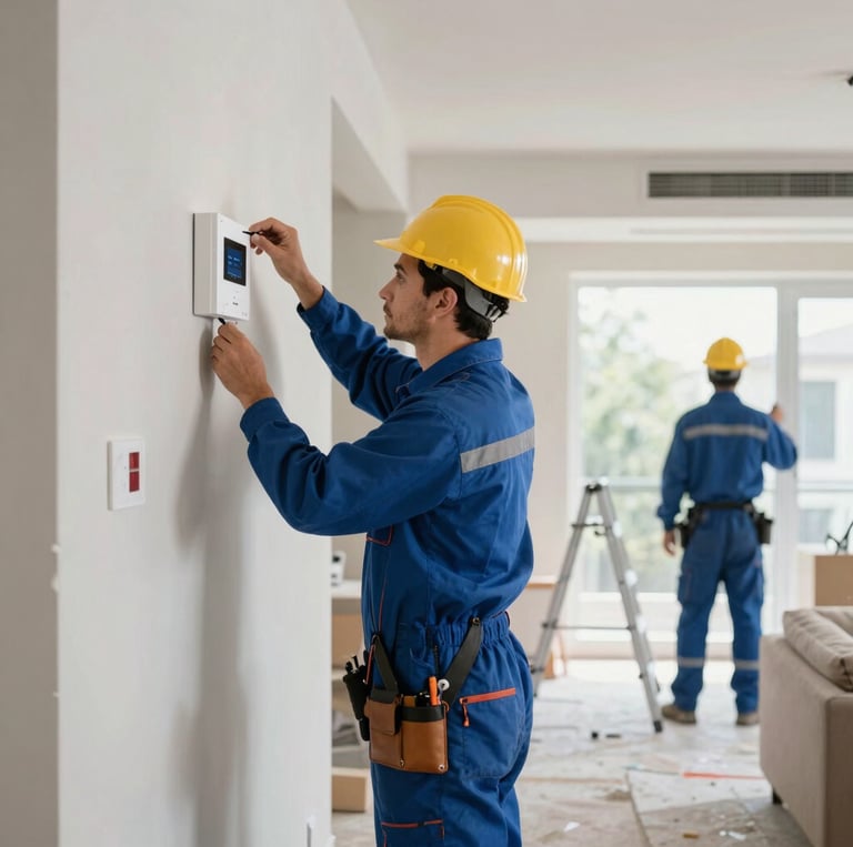 A skilled electrician carefully installing smart home wiring in a modern living room.
