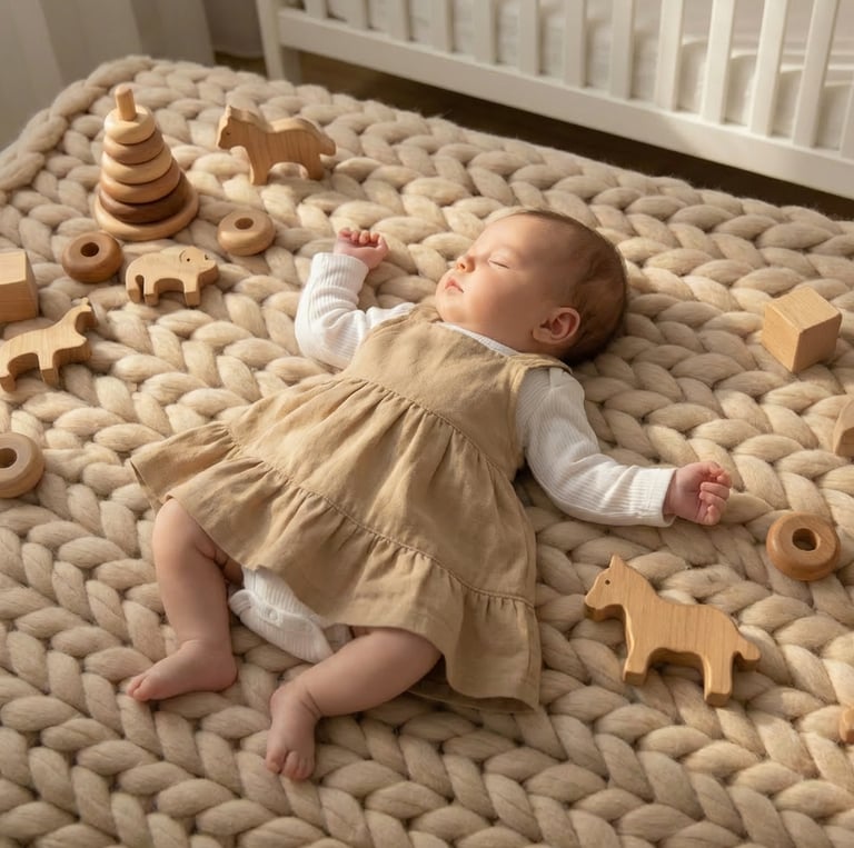 A sleeping baby on a chunky knit blanket surrounded by eco-friendly wooden toys.