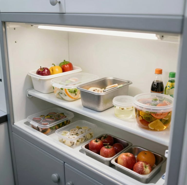 A clean, modern kitchen counter displaying fresh produce and packaged food items in natural light.