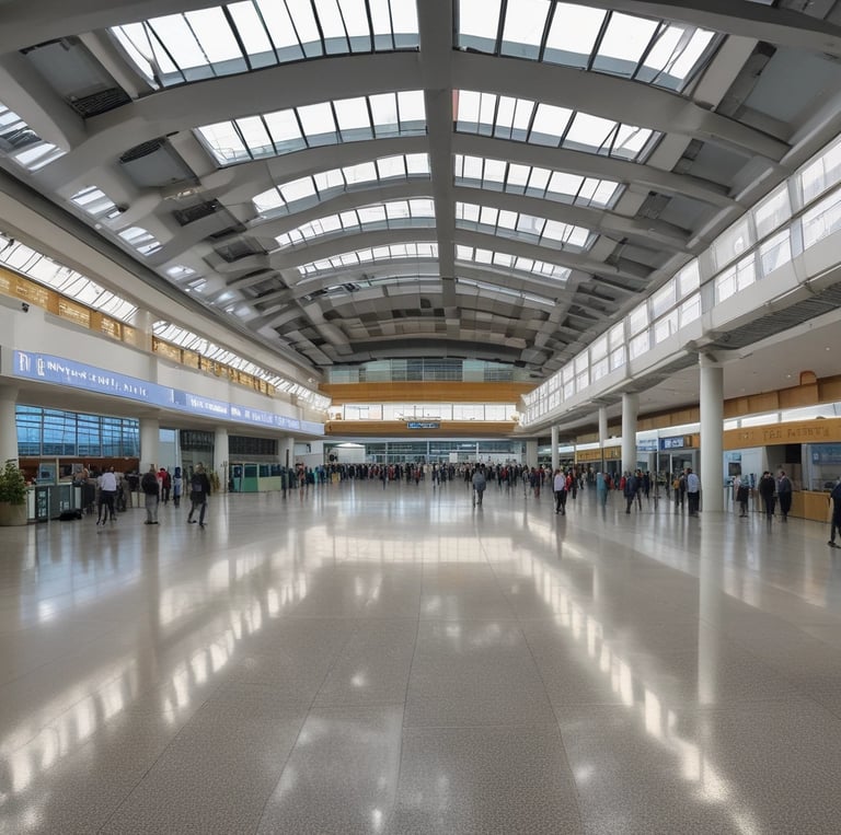 A sleek, modern taxi parked outside Asturias airport under a bright sky.