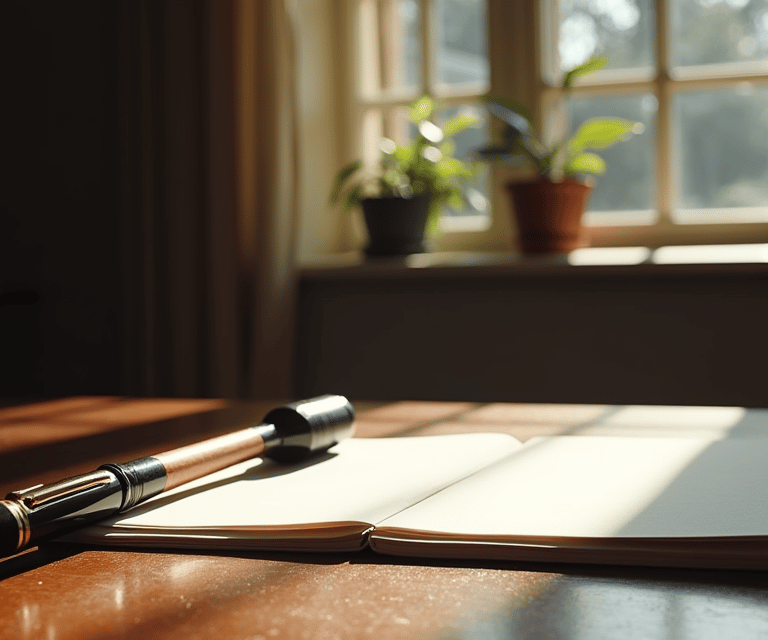 An open blank journal and fountain pen on a sunlit wooden desk in a home office.