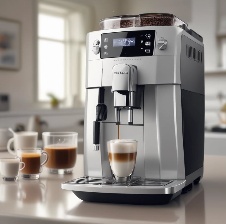 A skilled technician carefully inspecting an automatic espresso machine in a cozy home kitchen setting.