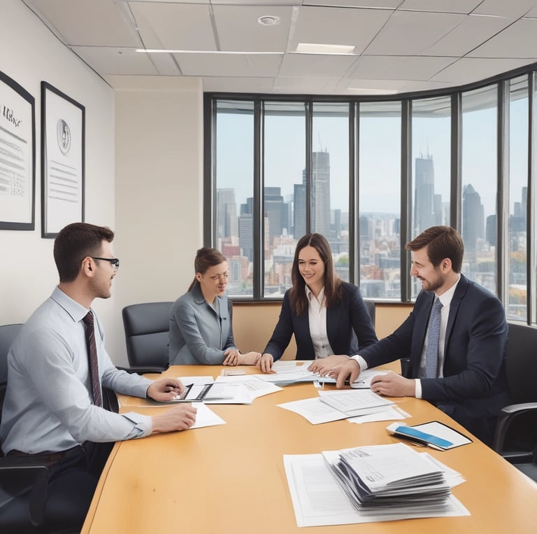 A confident professional shaking hands with a client in a modern office, symbolizing trust and partnership.