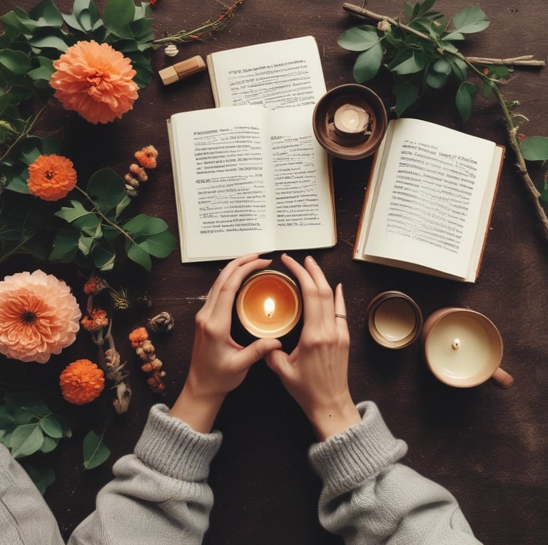 Soft morning light filtering through sheer curtains onto a simple wooden table with a steaming cup of tea and an open journal.