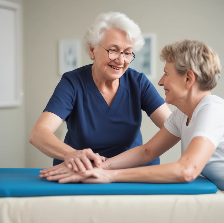 A warm, friendly physiotherapist assisting an elderly woman with gentle stretching exercises in a cozy home setting.