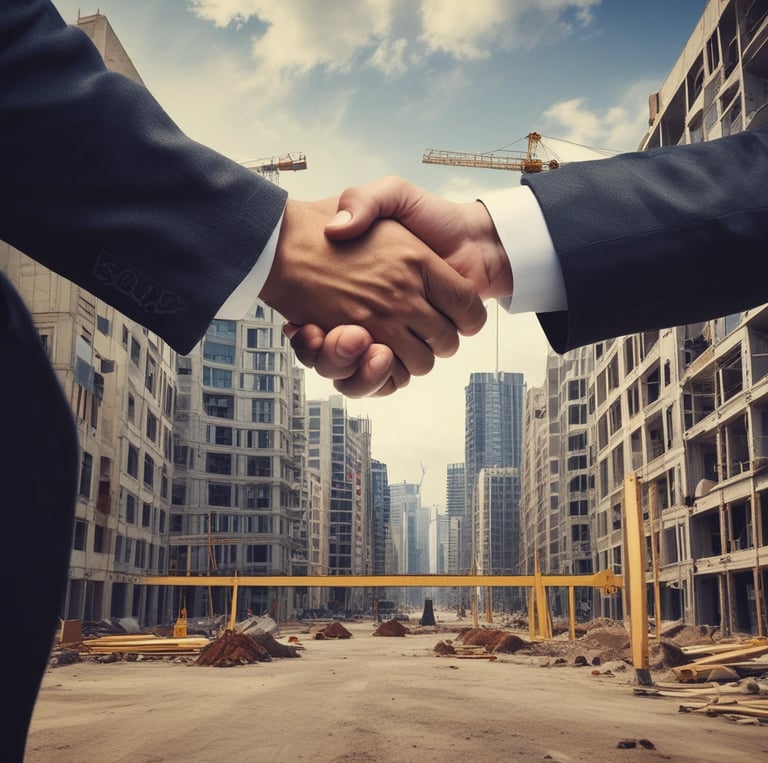 A sleek, minimalist office space with architectural blueprints and a laptop open to financial charts.