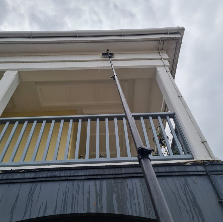 Cleaning fascia with window fed pole