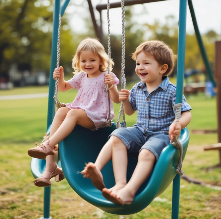 A diverse group of children holding hands in a sunny park, smiling and playing together.