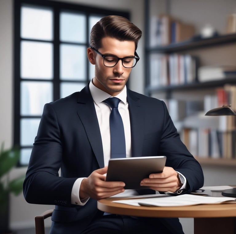 A businessman in a suit analyzes financial data on a tablet and smartphone at a desk with charts.