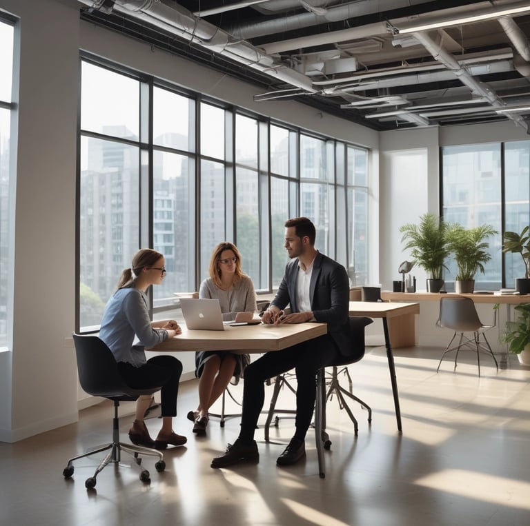 Team of professionals collaborating in a modern office setting with digital marketing charts on screens.