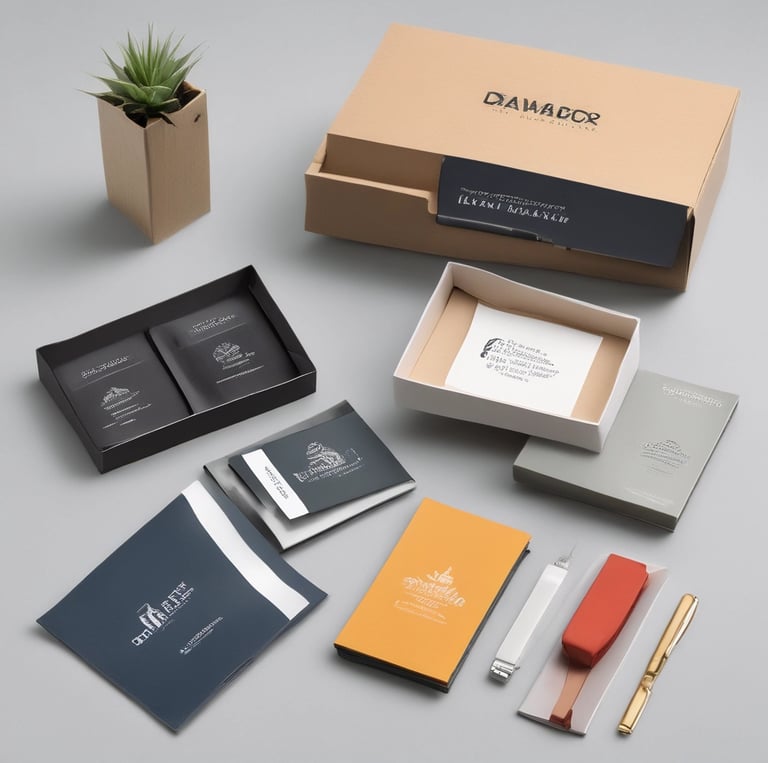 A vibrant display of assorted personalized gift items and press kits arranged neatly on a wooden table.