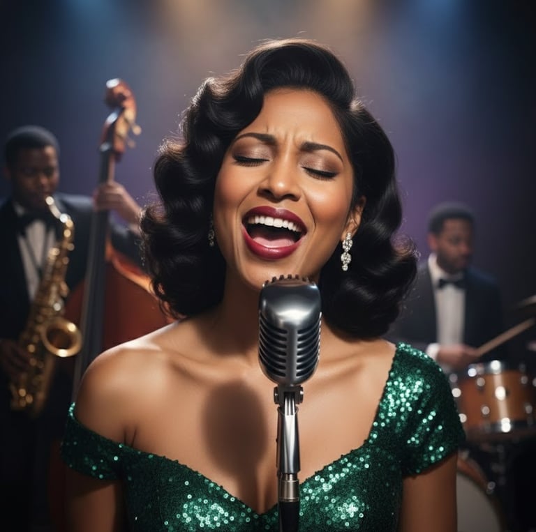 Ruby Mae Davenport, jazz soul artist, singing into a vintage microphone in a green dress during a li