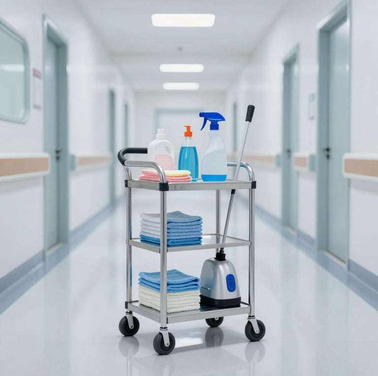 A professional cleaner in navy and teal uniform carefully sanitizing a modern hospital corridor with warm gold accents in the background.