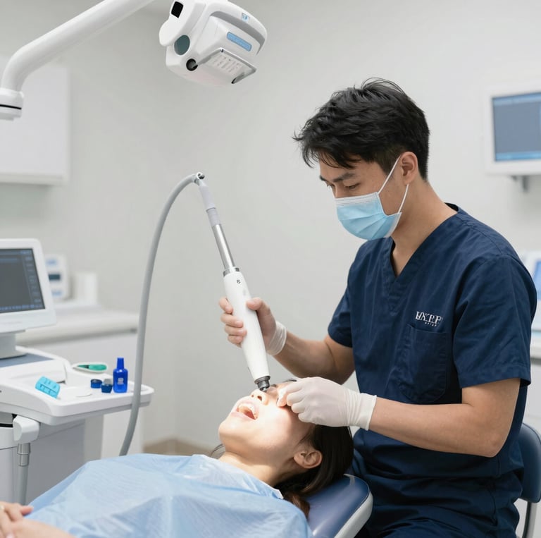 A modern dental clinic room featuring sleek digital equipment and a patient comfortably receiving laser treatment.