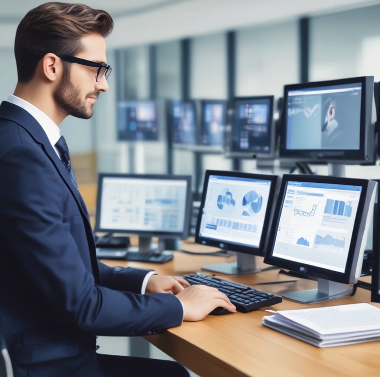 A sleek, modern office server room glowing with blue LED lights and a technician monitoring network security on multiple screens.