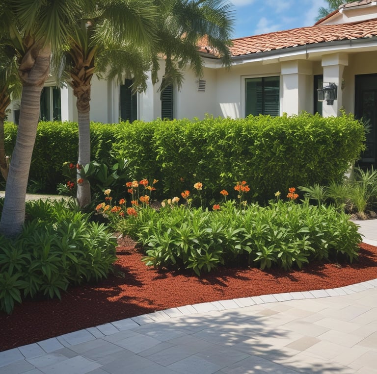 A skilled arborist carefully trimming a tall palm tree under a bright blue sky in a South Florida neighborhood.