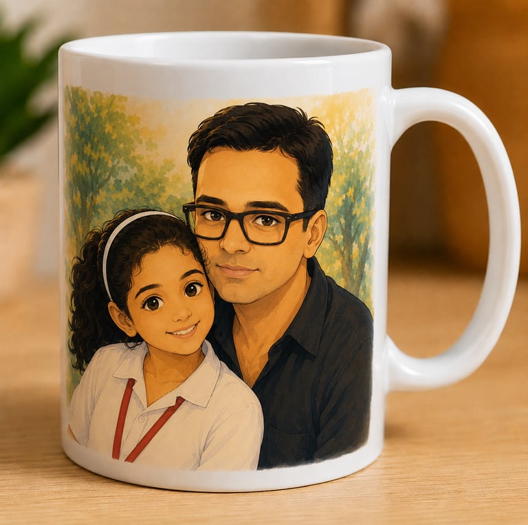 Customized white ceramic mug featuring a personalized father and daughter illustration on a desk.