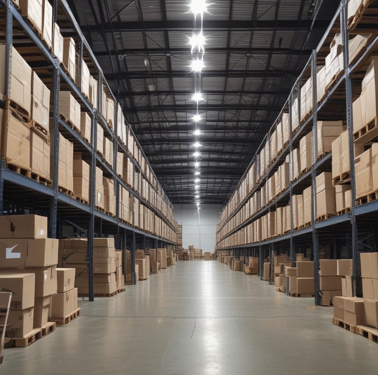 Photo of a busy local warehouse with neatly stacked products ready for delivery.