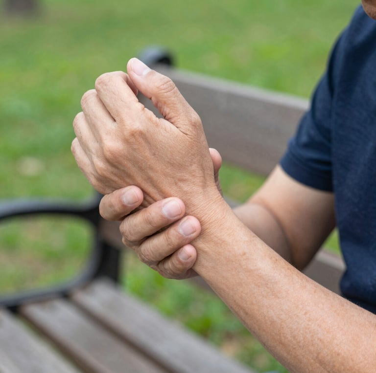 A person gently holding their painful knee, showing discomfort in a realistic, softly colored horizontal image.