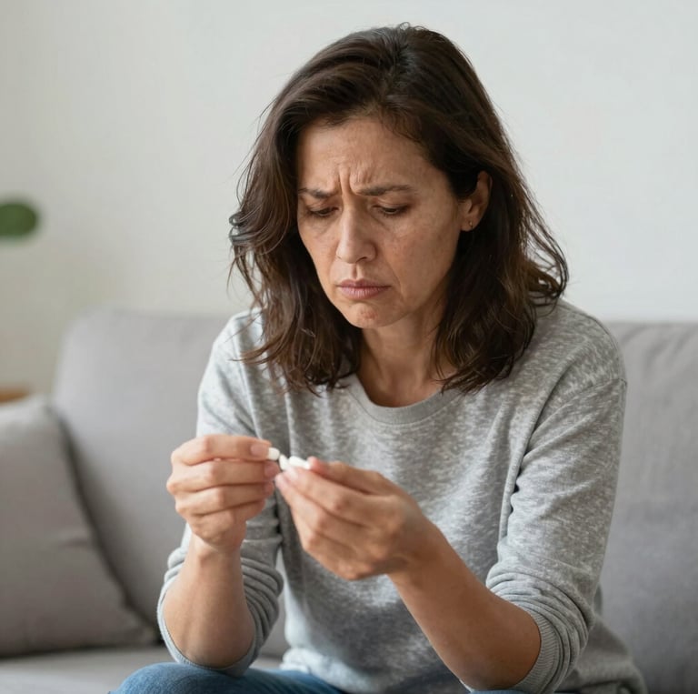 A frustrated person holding various medicines, sitting in a softly lit, minimalist room.