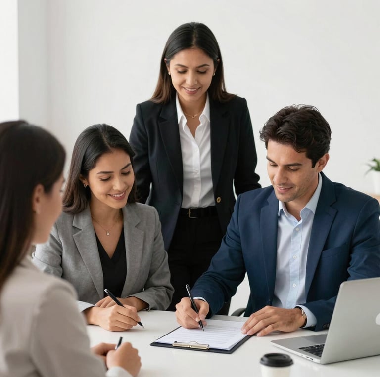 A group of certified real estate agents in Mucuri smiling and discussing property listings.