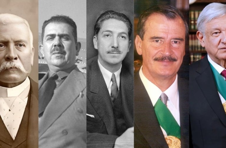 A collage showing portraits of five historic Mexican Presidents including Porfirio Diaz and AMLO.