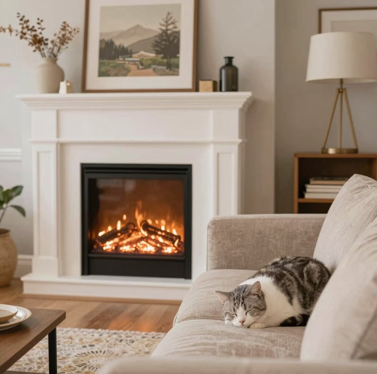 A warm living room nook with soft cushions, a textured throw, and a glowing amber lamp casting gentle light.