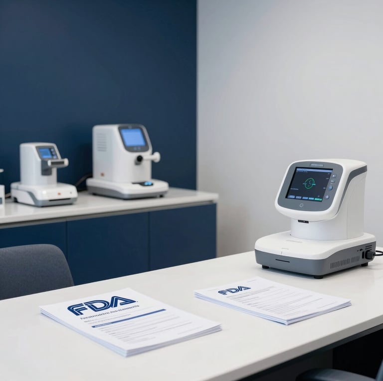 Professional team collaborating over regulatory documents in a modern office setting.