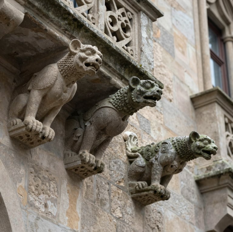 Stone gargoyle perched on a historic cathedral roof against a cloudy sky.