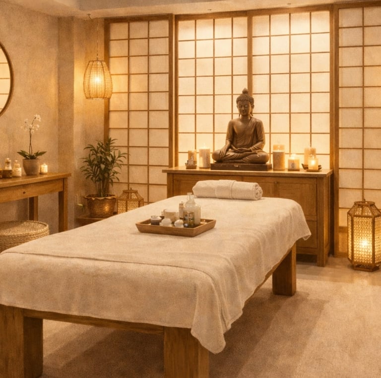 Ilustración de gabinete spa oriental con camilla de masaje, luz cálida y atmósfera de calma.