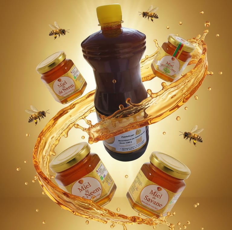 a bottle of honey syrup with honeycombs and honey