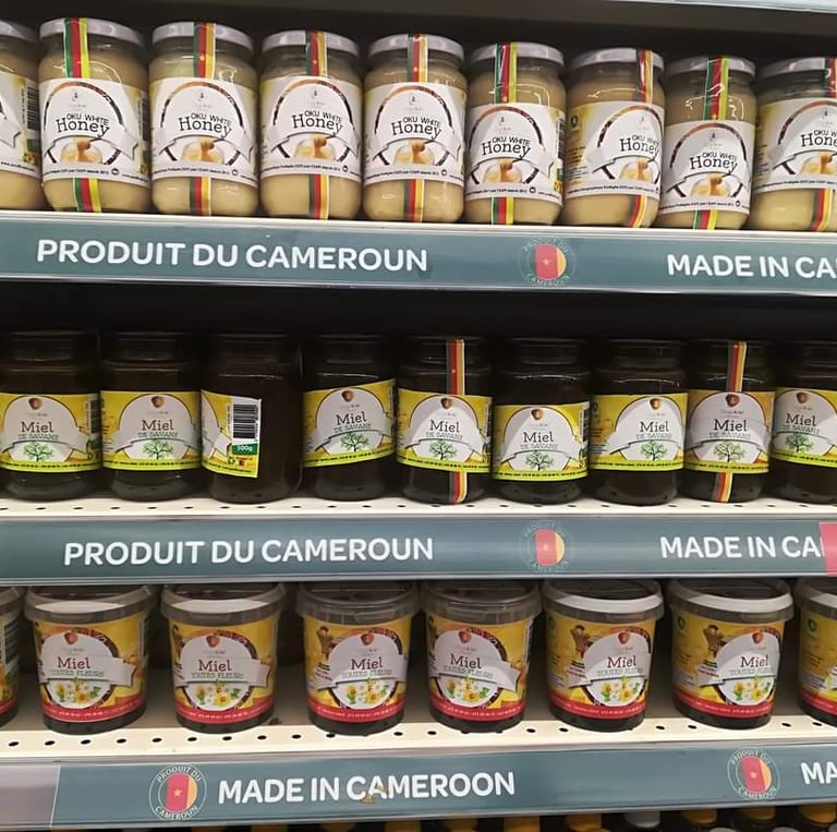 a display of jars of food and condiments on display in a store