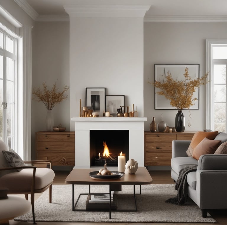 A stylish model wearing layered fall and winter outfits with warm tones and textured fabrics.