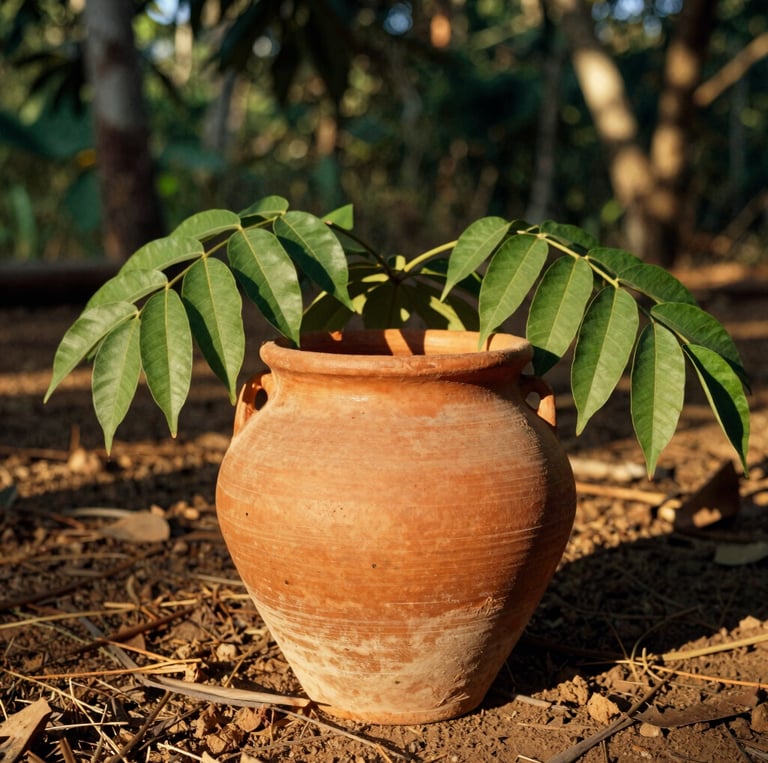 A rustic clay pot sitting on dry earth, surrounded by fresh green jurema leaves, warm golden hour sunlight filtering through caatinga vegetation, 35mm editorial photography