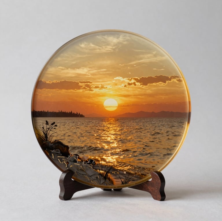 Close-up of a handcrafted resin wall art piece with intricate Indian motifs glowing softly against a charcoal black background.