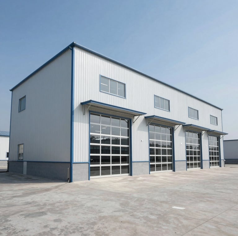 A painter carefully applying a fresh coat of vibrant paint to a modern warehouse exterior under bright daylight.