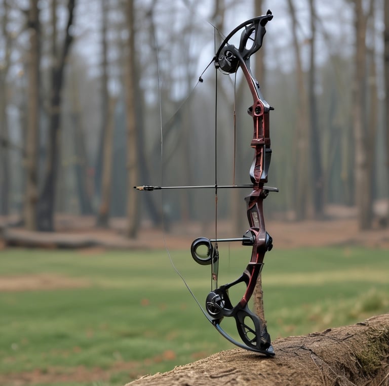 A sleek recurve bow resting on a wooden stand with natural light highlighting its curves.