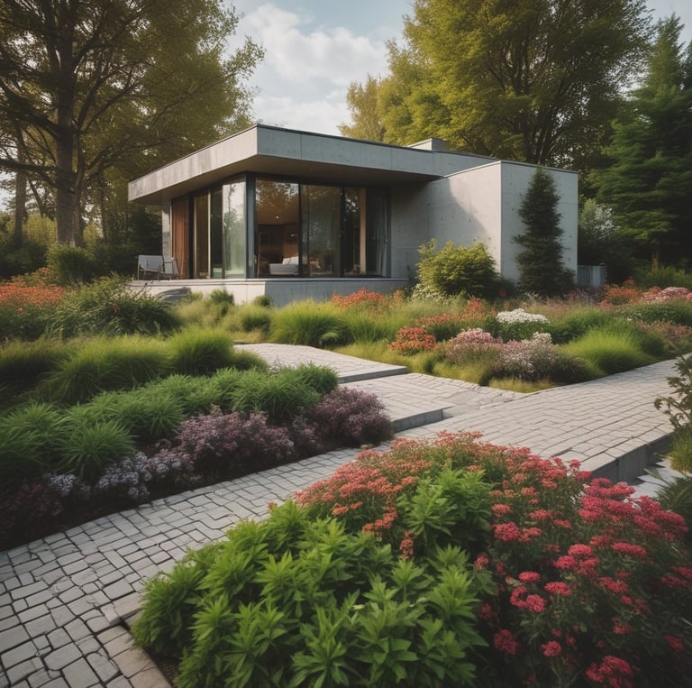 A lush green garden pathway bordered by freshly planted shrubs and vibrant flowers.