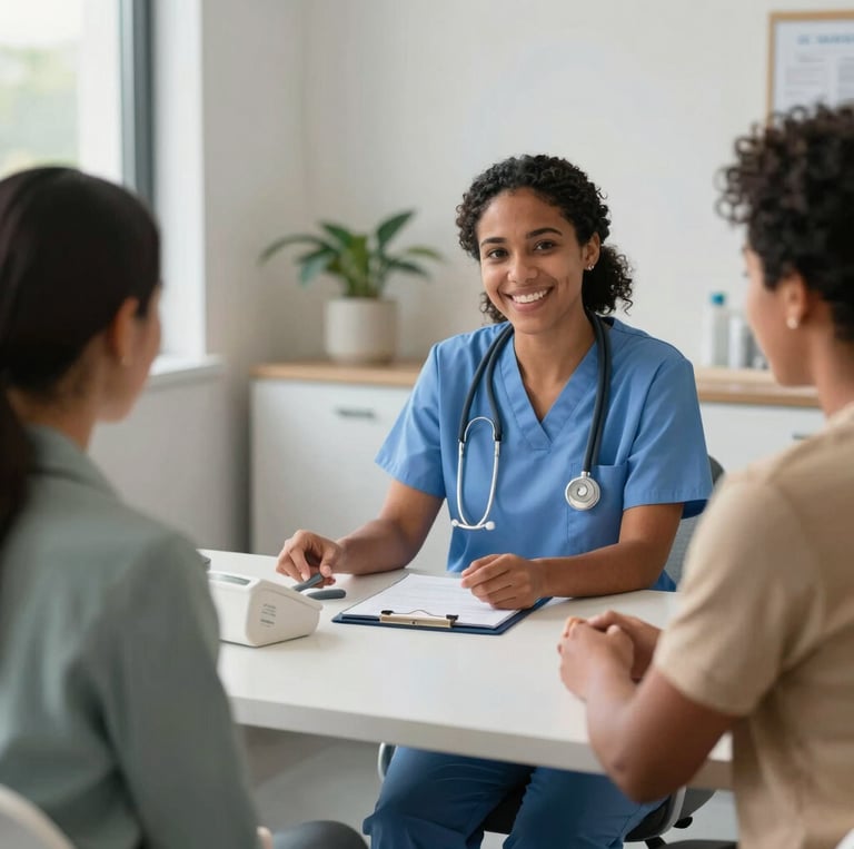 A calm, professional setting with centered text overlay explaining the pay-what-you-can screening model.