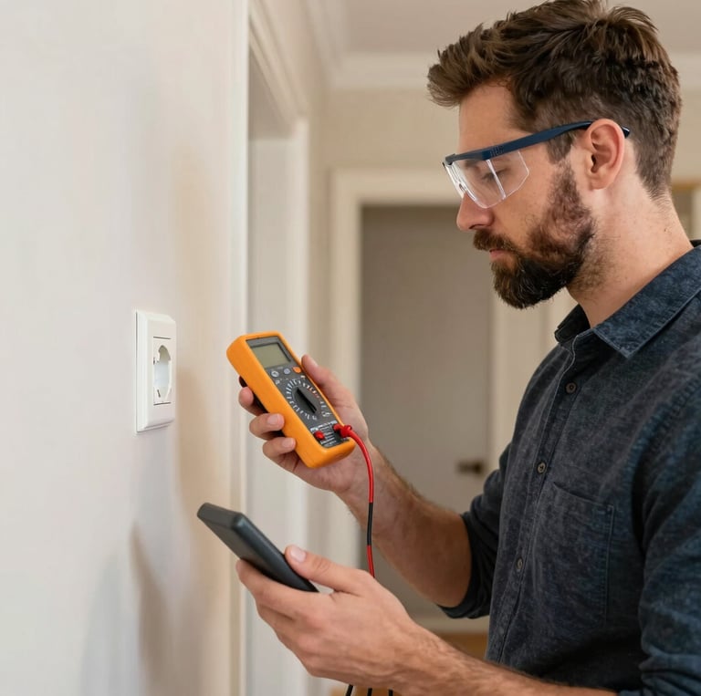 A professional technician in a navy uniform carefully polishing a modern luxury home's wooden floor with golden accents.